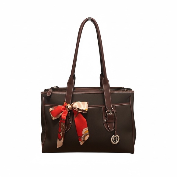 Etienne Aigner Handbags - Etienne Aigner Brown Shoulder Nylon and Leather Tote Bag with Bag Scarf